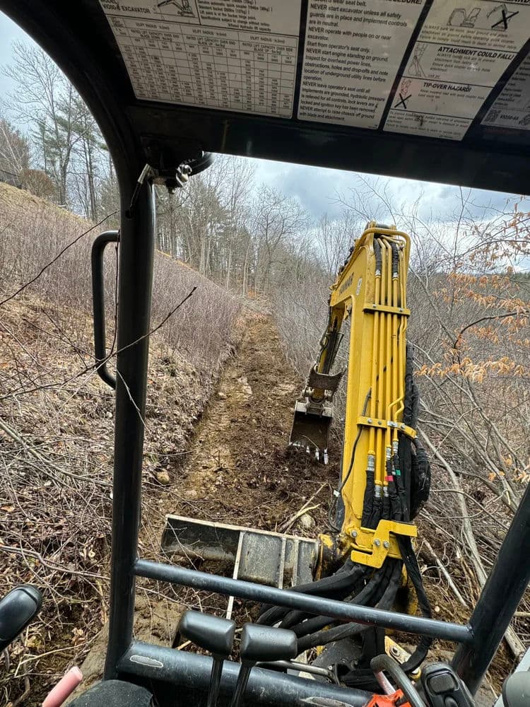 View from a construction vehicle creating a trail through overgrown terrain in a forest.