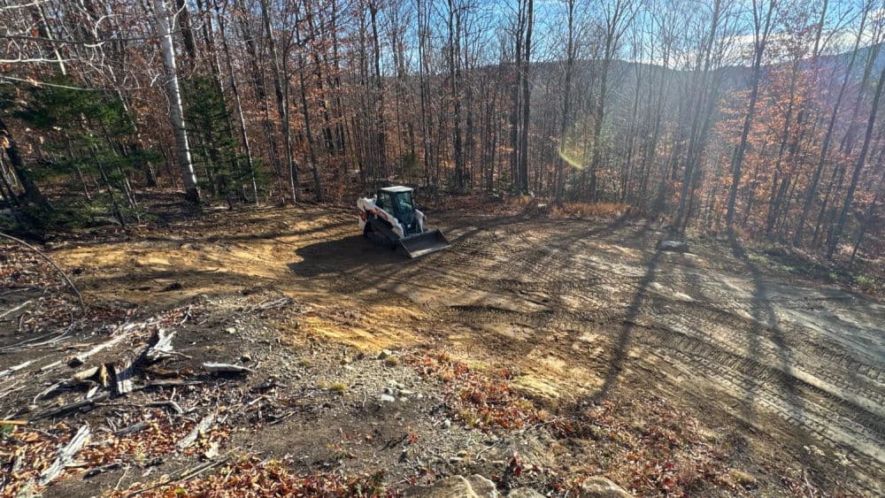Bulldozer on gravel terrain in autumn forest clearing with fallen leaves and sunlight.